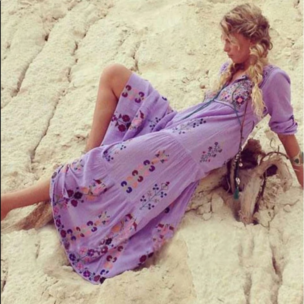 Boho Embroidered Gauzy Loose Beachy Maxi Dress